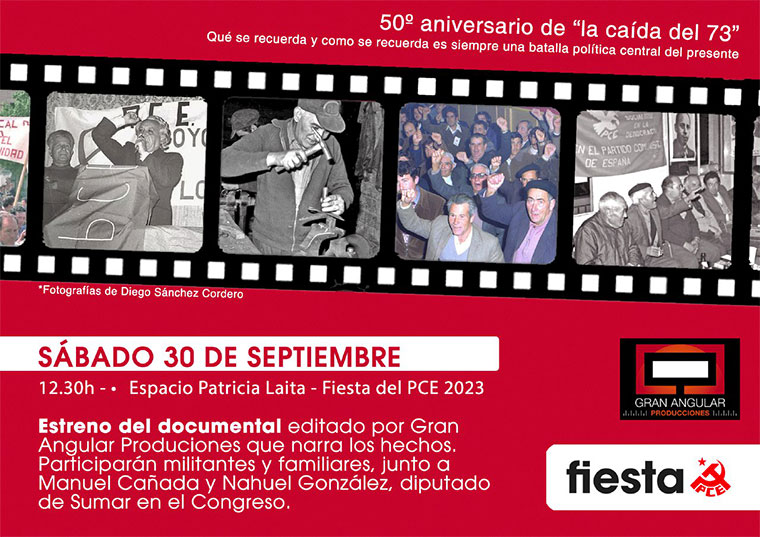 Cartel del acto en la Fiesta del PCE sobre 'la caída del 73 en Extremadura'