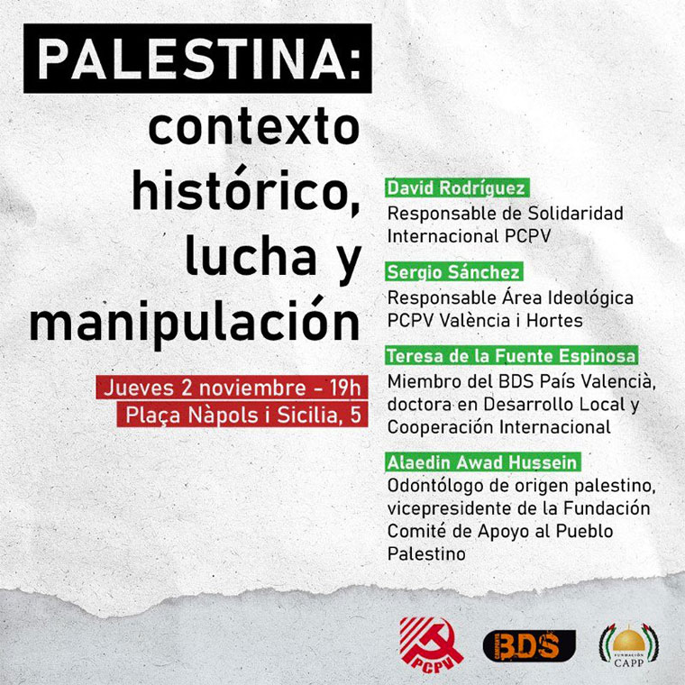 Palestina: contexto histórico, lucha y manipulación. Acto del PCPV en Valencia en solidaridad con Palestina 2 de noviembre