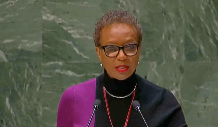 Inga Rhonda King, la representante de San Vicente y las Granadinas interviene en nombre de la Celac en la Asamblea General de Naciones Unidas
