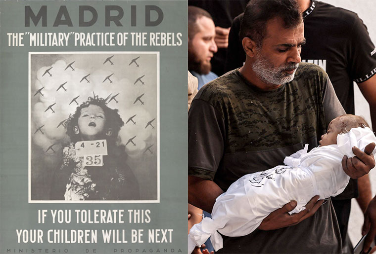 Cartel de propaganda de la II República sobre los bombardeos sobre población civil. Muerte de niños en Gaza