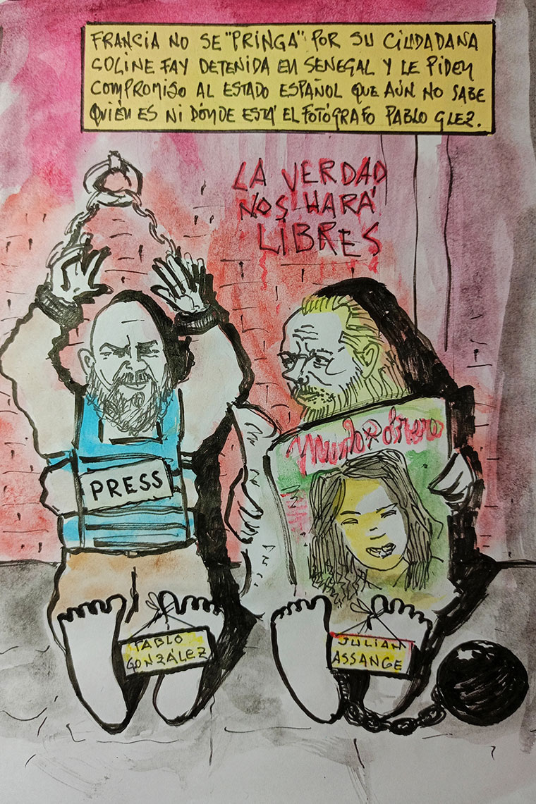 Viñeta de Vicente Ruiz Fernández. Libertad de expresión. Coline Fay, Pablo González, Assange