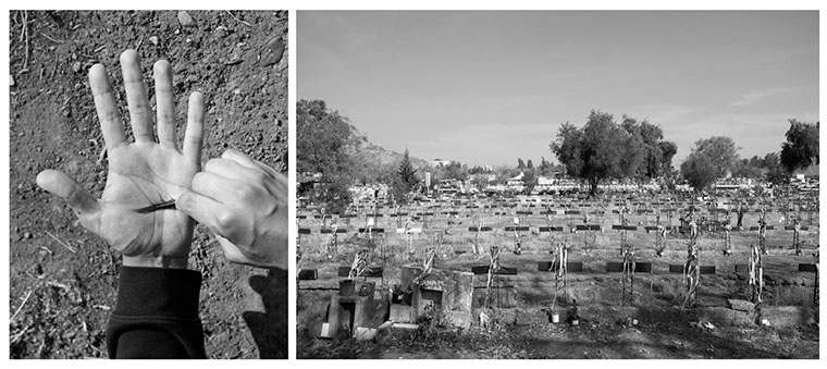 Herida sobre mano rellenada con tierra del patio 29 del Cementerio General de Santiago de Chile (La memoria se hace en el cuerpo) 2022. En el patio 29 del Cementerio General, ubicado en la capital de Chile, fueron enterradas para ocultar sus cuerpos e identidades, personas desaparecidas y asesinadas por la dictadura.