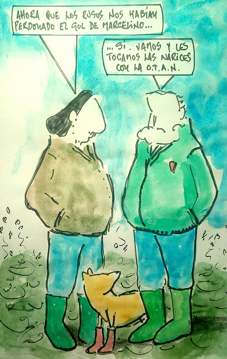 Viñeta de Vicente Ruiz. Marcelino de cabeza marcándole a Rusia un gol