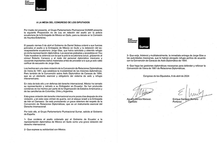 Iniciativa de Sumar para la condena del asalto a la embajada de México en Ecuador