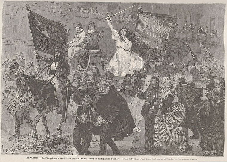 Proclamación de la República en las calles de Madrid la noche del 11 de febrero, dibujo de Vierge en Le Monde Illustré | Dominio Público