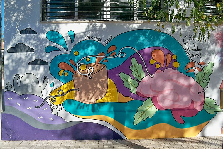 Bienestar y salud mental, mural de Cristina Soler de noviembre de 2022 en el centro ciudadano Rafael González Luna (Málaga) | Foto: Daniel Capilla / CC BY-SA 4.0