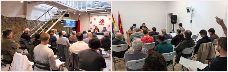 Un momento de las reuniones celebradas en Bilbao (izda.) y Pamplona (dcha.).