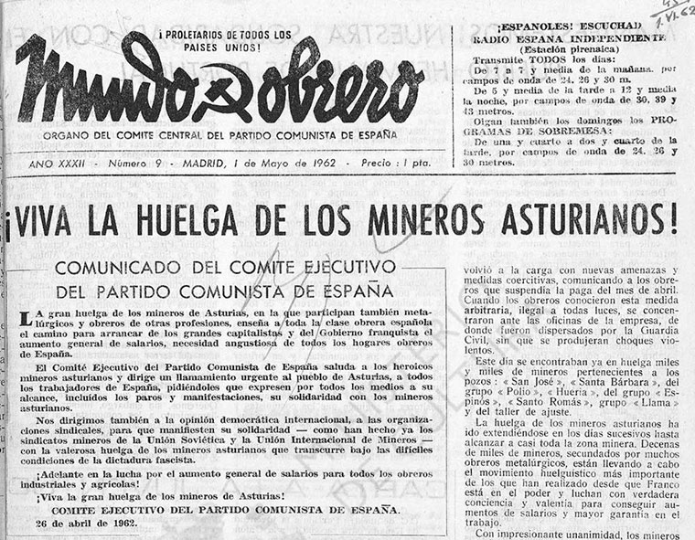 Portada de Mundo Obrero del 1º de Mayo de 1962 dando vivas a la huelga de los mineros asturianos