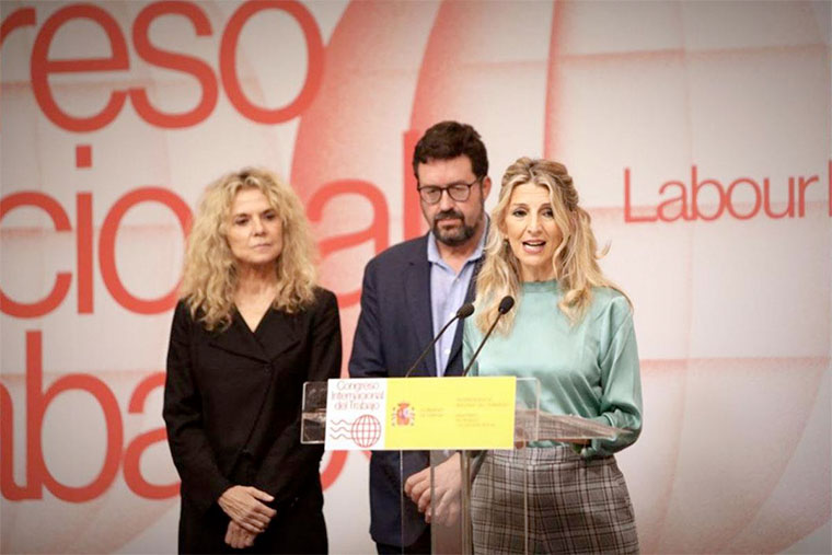 La vicepresidenta segunda y ministra de Trabajo y Economía Social, Yolanda Díaz, durante la presentación del primer Congreso Internacional del Trabajo | Foto: lamoncloa.gob.es
