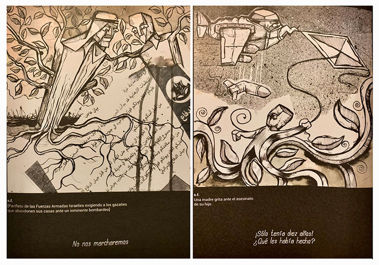 Palestina libre. Montaje con dos de los dibujos a tinta china incluidos en el libro de Mohammad Sabaaneh "30 segundos en Gaza"