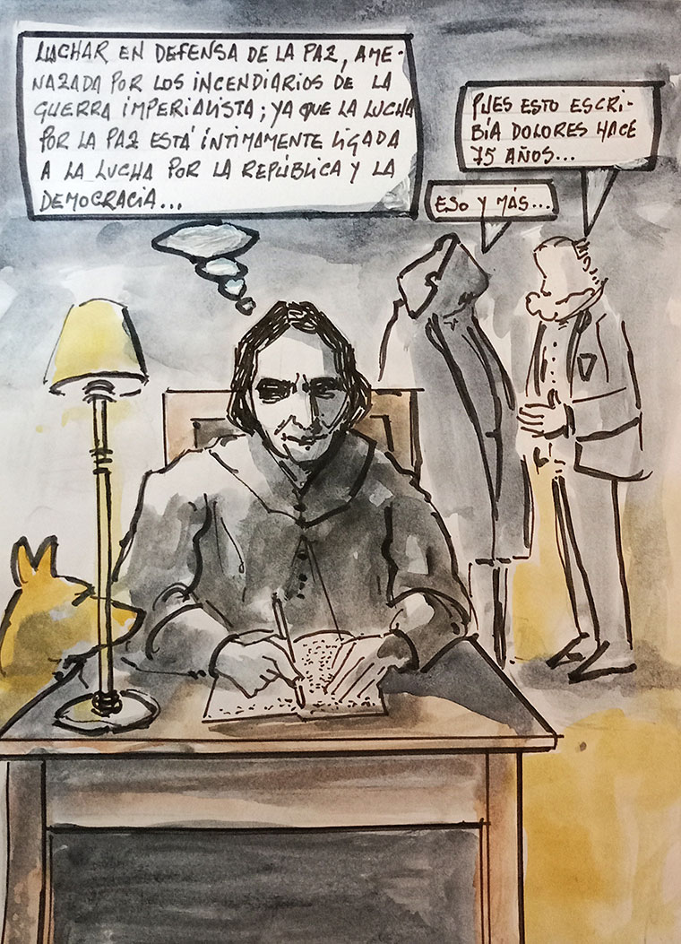 Viñeta de Vicente Ruiz: "Dolores Ibárruri y la defensa de la paz"