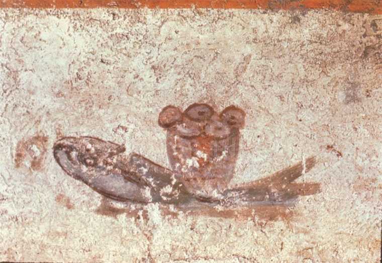 Los peces y el pan de la eucaristía. Catacumba de San Callisto, cripta de Lucina, Roma | Imagen: Dominio público