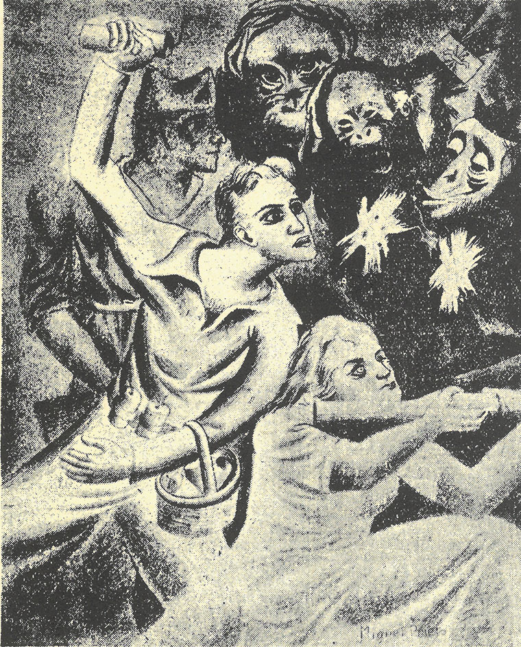 Ilustración aparecida en la portada del número 1 de El Mono Azul, publicado el 27 de agosto de 1936, con la leyenda en el pie: “Nuestros ‘monos’ azules limpiando la selva de chimpancés facciosos" | hemerotecadigital.bne.es