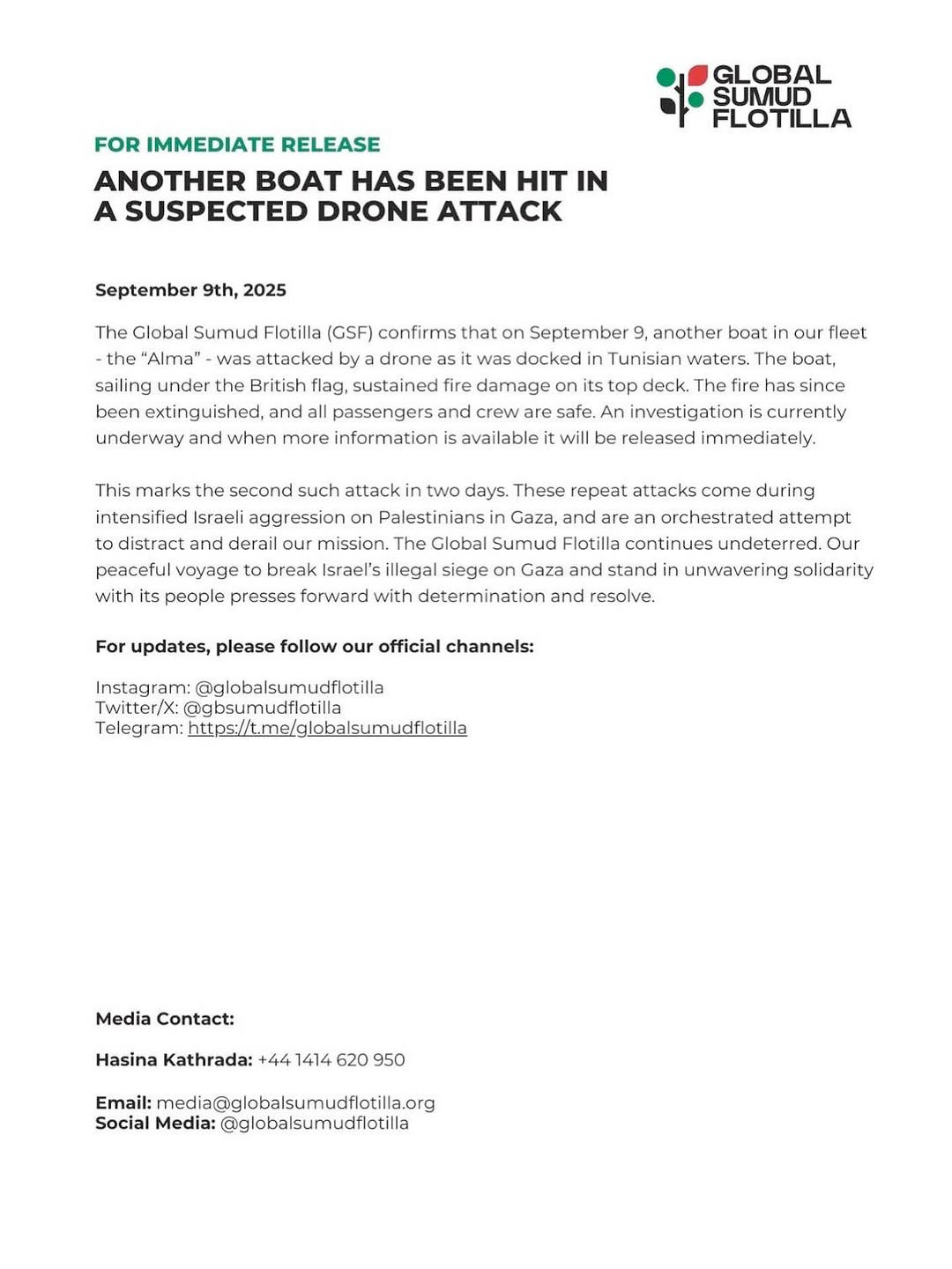 Comunicado de la Global Sumud Flotilla. Segundo ataque sobre un barco de la flotilla