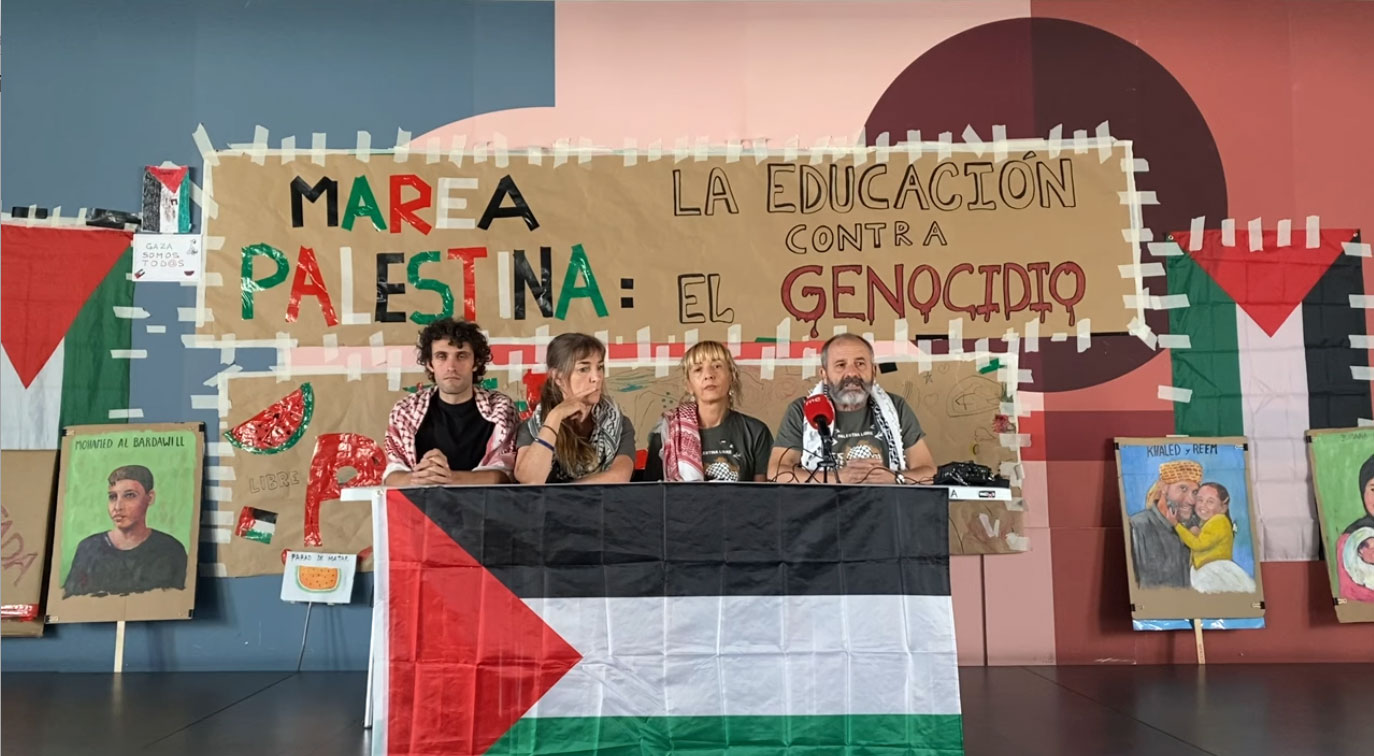 Rueda de prensa de Marea Palestina: La Educación contra el genocidio, el pasado día 10 de septiembre durante el encierro en el Círculo de Bellas Artes de Madrid | Fuente: Marea Palestina Madrid