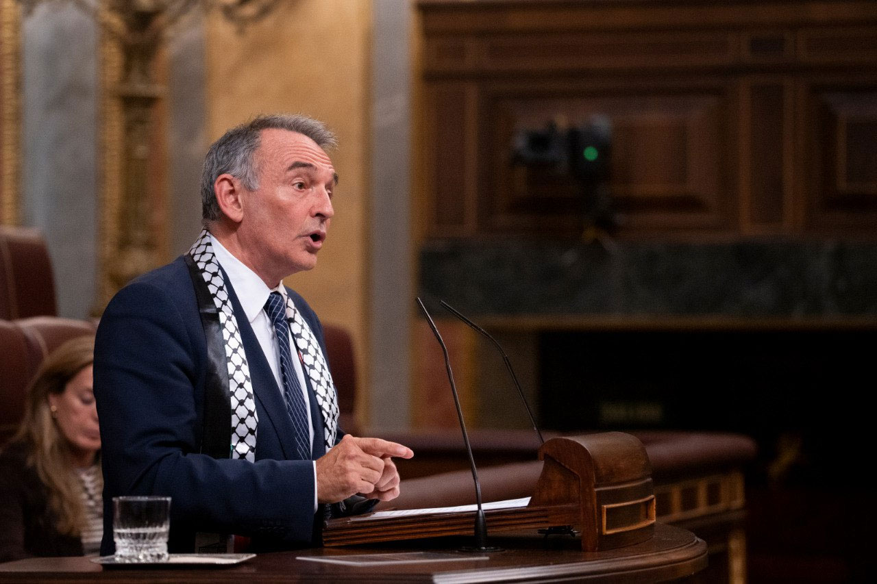 El portavoz parlamentario de IU interviene por el Grupo Sumar en el debate sobre el embargo de armas a Israel | Fuente: Olmo Calvo