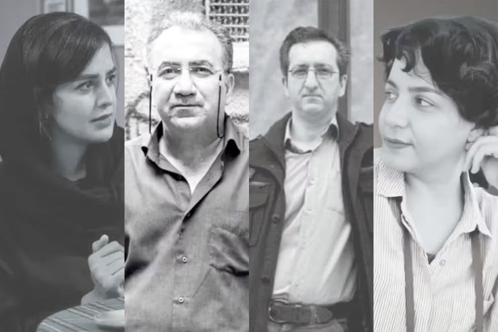 De izquierda a derecha, cuatro de los intelectuales arrestados: Mahsa Asadollahnejad, Parviz Sedaghat, Mohammad Maljou, Shirin Karimi | Fuente: iranintl.com