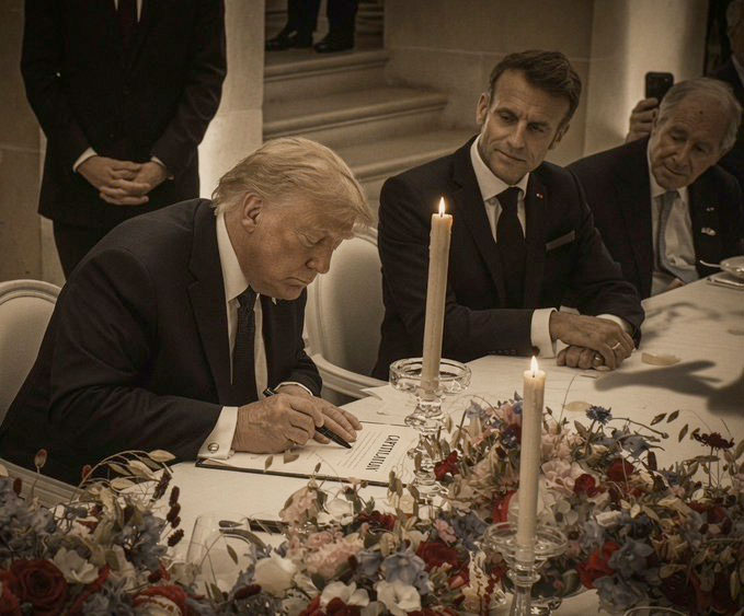 Donald Trump, presidente de Estados Unidos, firma en el palacio de Versalles (Francia) el memorando de entendimiento con Irán | Fuente. @ManuPineda