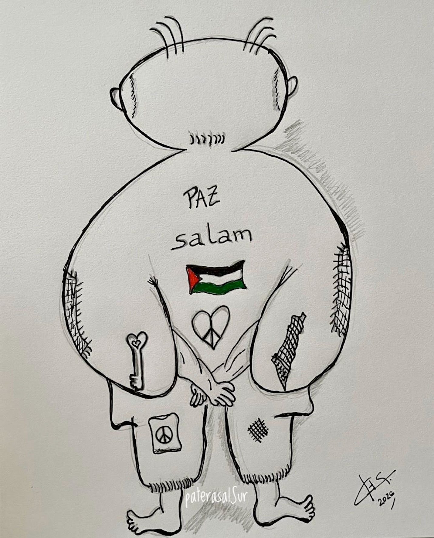 Homenaje a todos los handalas, a todas las niñas y niños palestinos que siguen enseñándonos el valor de la dignidad y la resistencia | Dibujo y foto: Iñaki Chaves