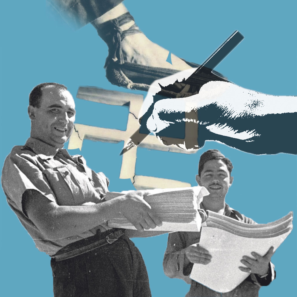 Composición a partir de "Aixafem el feixisme" (Aplastemos al fascismo), icónico cartel de propaganda y una de las fotografías más famosas de la Guerra Civil Española, creado en 1936 por el fotógrafo Pere Català y la imagen “Soldados con periódicos en las manos saliendo del comisariado de propaganda en Chinchón (Guerra Civil Española. Archivo Histórico del PCE) | Mundo Obrero